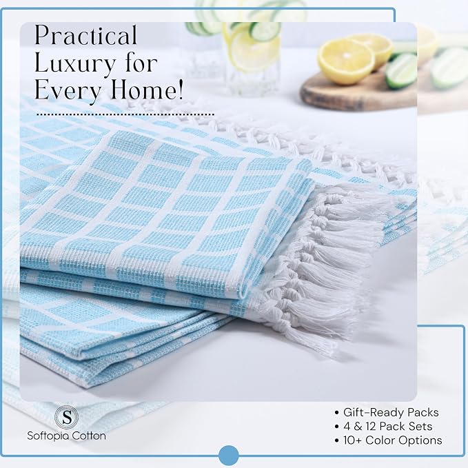 Matrix Dobby Kitchen Towels 12 Pack, 100% Cotton, 16x26 Inches, Handmade Knotted Tassel Tea Towels, Reusable & Absorbent Wash Rags for Drying and Cleaning - Aqua Blue, White