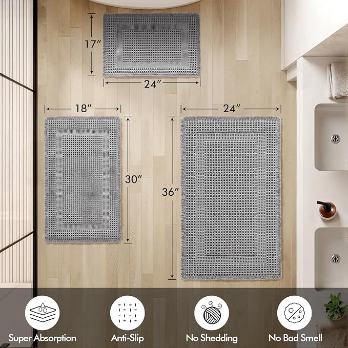 MIULEE Set of 2 Waffle Bathroom Rugs, Boho Bath Rug Super Absorbent, Non Slip Washable Ultra Soft Rubber Backed Shower Bath Mats for Floor, Tub, Shower, Looped Design, Light Grey, 17"x24"+18"x30"