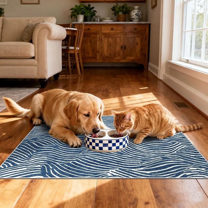 Modern Outdoor Rug - 28" x 43" Front Door Mat Indoor Outside Entrance Non-Slip Washable Outdoor Mat Navy Blue White Ocean Waves Rug for Entryway Kitchen Bedroom Layered Doormat for Front Porch