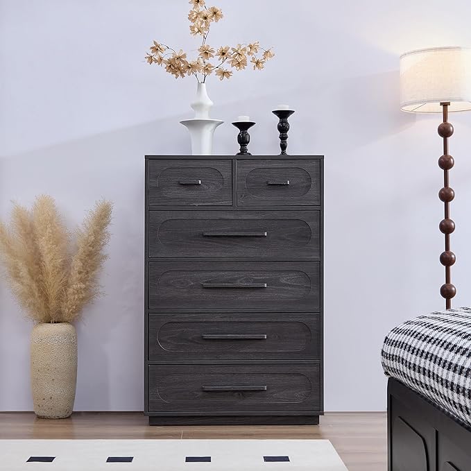 Grey 6 Drawer Dresser for Bedroom, 44" Tall Dresser & Chest of Drawers with Solid Wood Handle, Large Wood Storage Dressers Organizer for Bedroom, Living Room