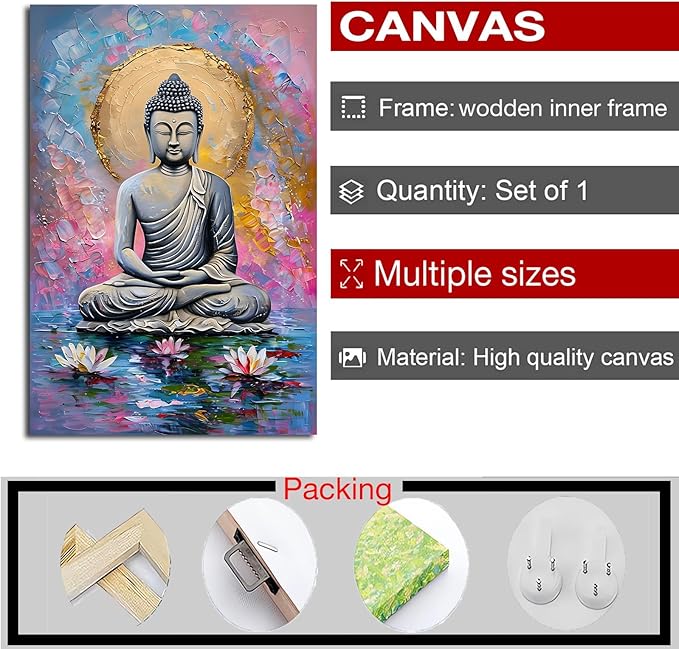 Lotus and golden Buddha meditation tranquil zen wall art mindfulness wall art for spiritual harmony and tranquility decor 12x18in Wood Framed