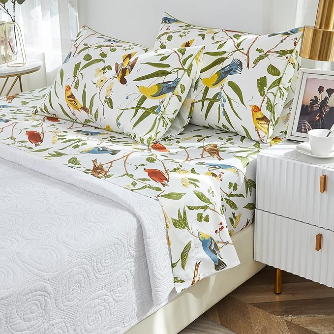 Brandream Eastern Floral Birds Bedding Chinoiserie Blossom Sheet Set Luxury Bedding 800TC 100% Egyptian Cotton Deep Pocket White Green Asian Style Botanical Ornamental Drawing, 4PC-King Size