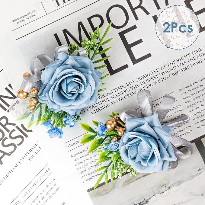 2 Pcs Blue Rose Wrist Corsage and Boutonniere Set, Rose Corsage Hand for Women, Boutonniere for Men Wedding Artificial Flowers Accessories Prom Decor, Wedding Flower Party Accessories (Blue)