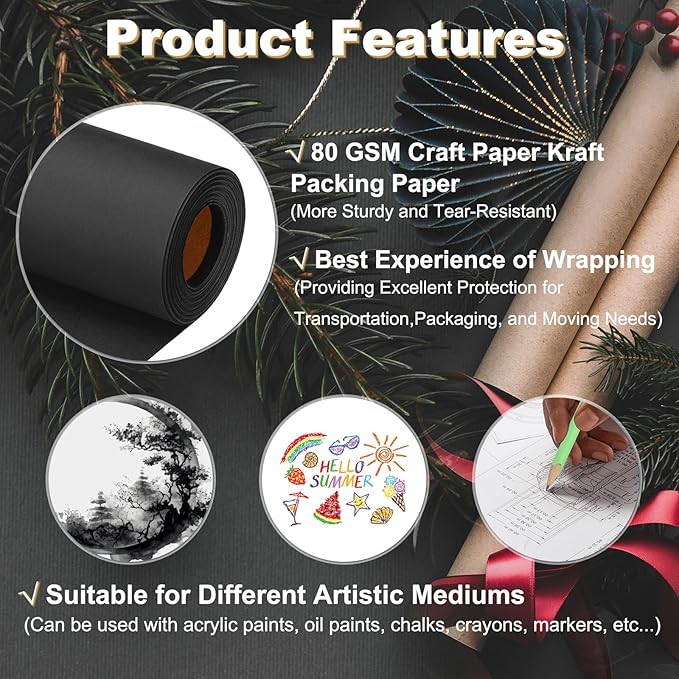 PATIKIL Wrapping Paper, 15"x1200"(100') Bulletin Board Paper Roll Kraft Paper Roll Construction 80GSM for Shipping Packing Gift Wrapping Craft Flower Bouquet Christmas, Black
