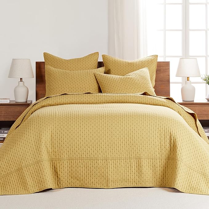 Levtex Home Cross Stitch Reversible Full Bedspread Set (100x104in) with 2 Pillow Shams (26x20in) - Stitch Texture - Ochre - 100% Cotton Full Size Bedspread Set - Lightweight, Soft, Pre-Washed