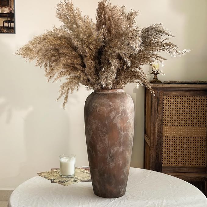 15 Inch Vintage Farmhouse Decor Ceramic Rustic Vase, Handmade Brown Flower Vases for Centerpieces, Living Room & Kitchen Shelf Decorative Pottery Vase for Home Decor
