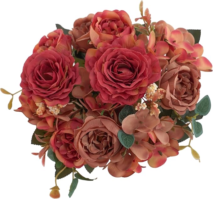 2 Packs Fall Orange Flowers Artificial for Decoration, Fake Peony Silk Rose Flowers Hydrangea Bouquet Fall Floral Arrangement for Table Centerpieces Home Living Room Decor (2, Fall Orange)