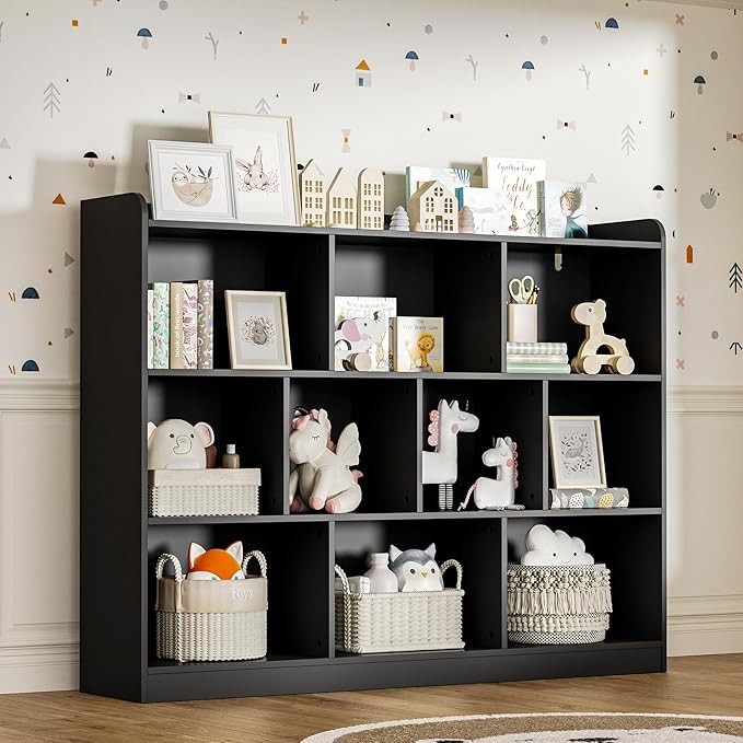 Black Bookshelf, Wood Bookcase with 3 Tier Open Shelves, 10-Cube Minimalist Storage Shelf for Living Room, Bedroom, 43.3" W x 35.4" H