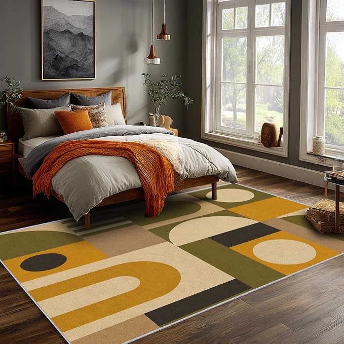Olive Bauhaus Area Rug 7x9, Mid Century Modern Geometric Rug, Mustard Green Abstract Color Block Washable Low Pile Non Slip Rug for Living Room Bedroom