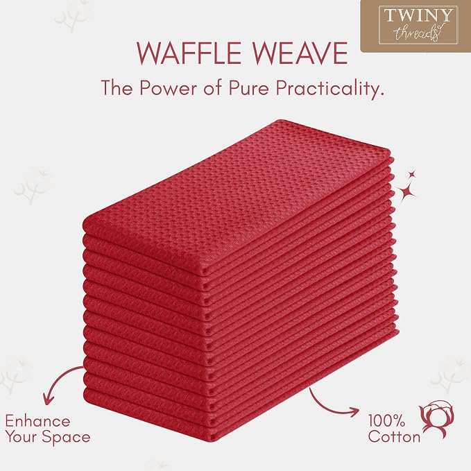 TWINY threads Red Kitchen Towels Set of 12, 16x26 Inches, 100% Cotton Waffle Weave Dish Towels, Soft and Absorbent Tea Towels with Hanging Loop, Washable Reusable Cloths for Cleaning