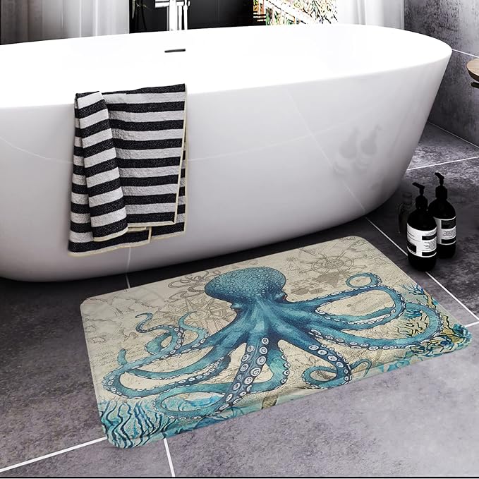 Britimes Blue Bath Mat for Bathroom, Sea Theme Octopus Washable Cover Floor Rug Carpets Floor Mat Bathroom Decorations 18x30 Inches for Kitchen Bedroom Indoor