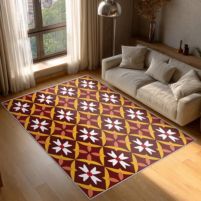 Geometric Flower Rugs for Home Decor, 6x9 ft, Mid Century Modern Area Rugs for Living Room, Soft Non Slip Washable Retro Floral Carpet Bedroom Decorations Dt-Ghf-69