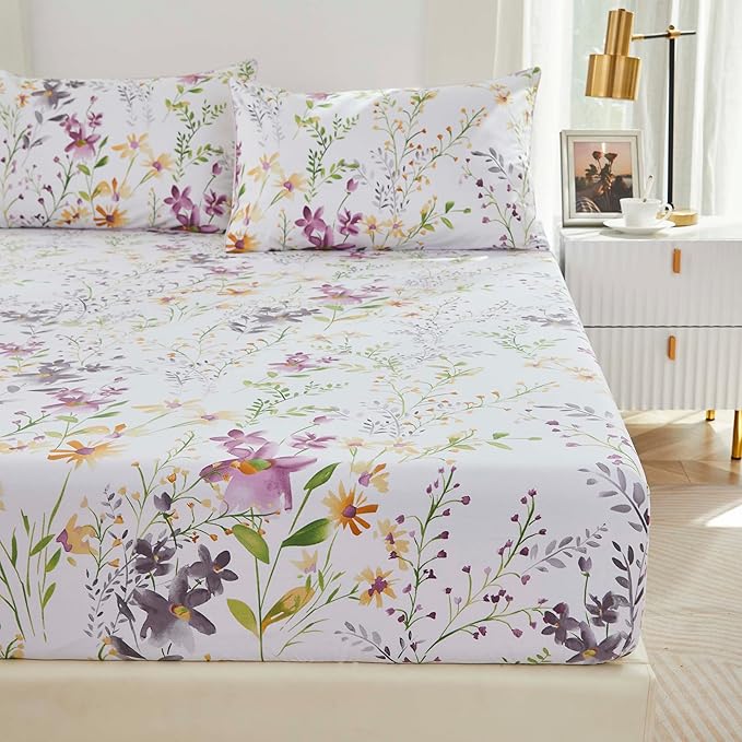 Brandream Garden Style Floral Bedding Elegant Watercolor Farmhouse Sheets Set Queen Size Luxury Bedding Collections 800 Thread Count 100% Egyptian Cotton Deep Pocket, 4 Piece