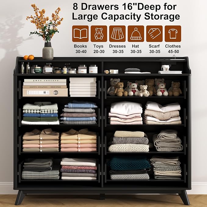 Dresser for Bedroom with 8 Drawers, 55" Large Dresser & Chest of Drawers with Charging Station, Wood Closet Clothes Storage Tall Dressers Organizer for Bedroom Living Room Hallway (Black)