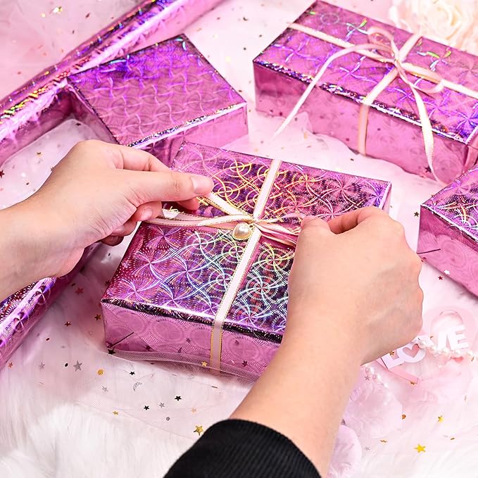 Yarcony Pink Holographic Wrapping Paper Roll, Shiny Iridescent Metallic Gift Wrapping Paper, Colorful Rainbow Valentines Wrapping Paper for Girl Birthday Party,Anniversary,Wedding (17 Inch X 33 Feet)