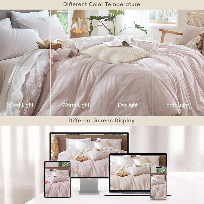 MooMee Striped Duvet Cover Set 100% Washed Cotton Linen Like Textured Breathable Durable Soft Comfy (Heathered Greyish Pink White Wide Stripes, Palatial King/Oversized King 120"x98")