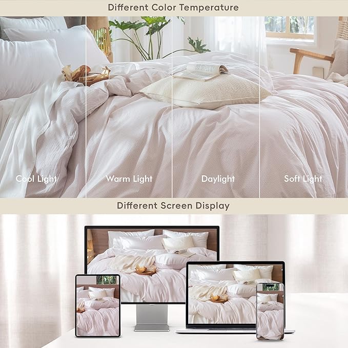 MooMee Striped Duvet Cover Set 100% Washed Cotton Linen Like Textured Breathable Durable Soft Comfy (Heathered Greyish Pink Pinstripes, Palatial King/Oversized King 120"x98")