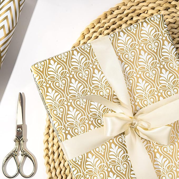 LeZakaa Gold Wrapping Paper Roll, Luxury Metallic Gift Wrap with Heart, Geometric & Floral Pattern for Wedding, Birthday, Anniversary, Bridal Shower, Christmas, Valentines, 17 x 120 inches, 3Rolls