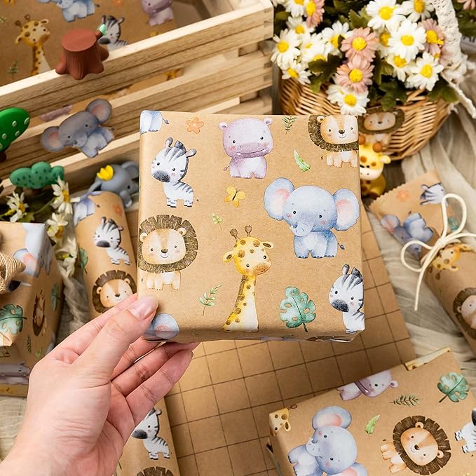 Burymento Kraft Animal Wrapping Paper, Cut Auxiliary Line Design Gift Wrap for Baby Shower, Birthday, Valentines, Mothers day, Graduation, Wedding, Fathers day, Christmas (17 Inch X 32.8 Ft)