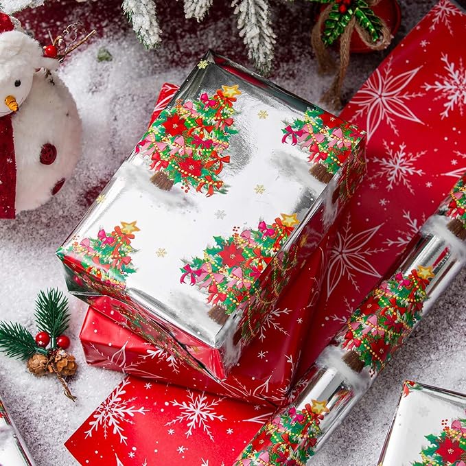 MAYPLUSS Christmas Wrapping Paper Roll - 17IN X 33FT - Silver Gift Wrapping Paper Featuring Christmas Tree Bow Reversible Snowflake for Kids, Holiday, New Year