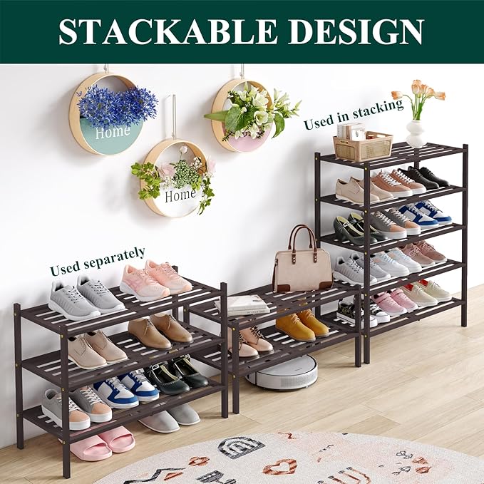 Smiry Bamboo Shoe Rack 6-Tier, Stackable Wooden Shoe Organizer for Entryway & Closet, Free Standing Wood Shoe Storage Shelf for Front Door & Small Spaces, Brown