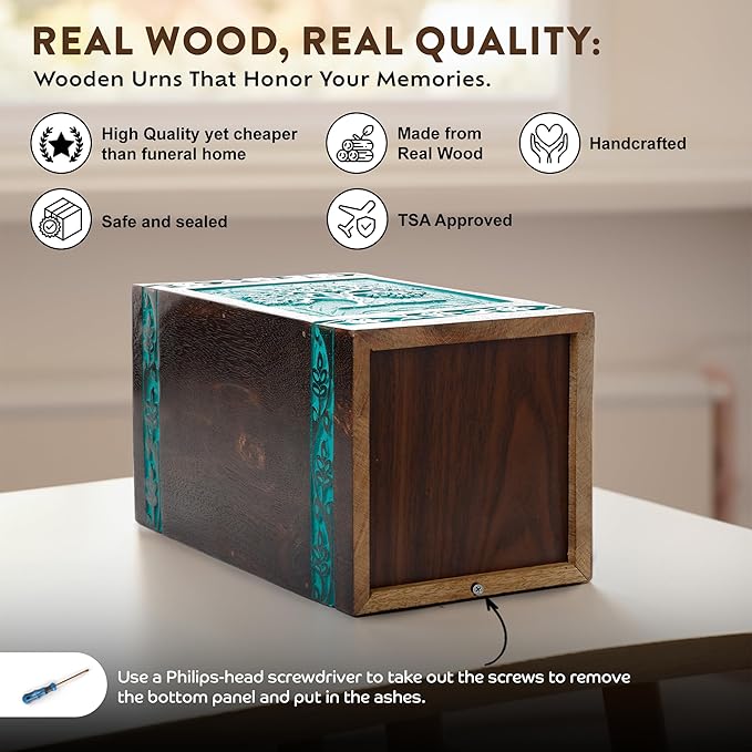 INTAJ Cremation Urn for Human Ashes - Wooden Urn Box for Ashes Handcrafted - Tree of Life Memorial Urn Funeral Cremation Urns (Teal Green, X-Large (250lbs or 115kg))