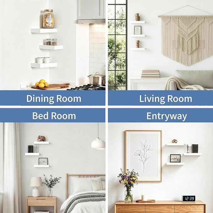 Floating Shelves, White Wooden Set of 3 Wall Mounted Bathroom Shelves Over Toilet, Modern Small Hanging Shelves for Bedroom Living Room Kitchen Home Decor Storage, 12" x 7" x 1.5"