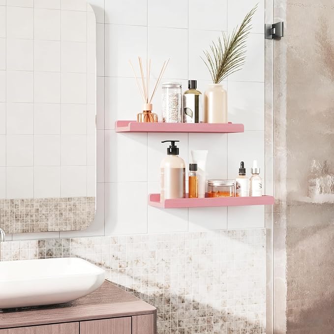 Love-KANKEI Floating Shelves Wall Mounted Set of 2, 17 Inch Rustic Wood Wall Shelves for Storage, Bedroom Living Room Bathroom Kitchen Office and More Pink