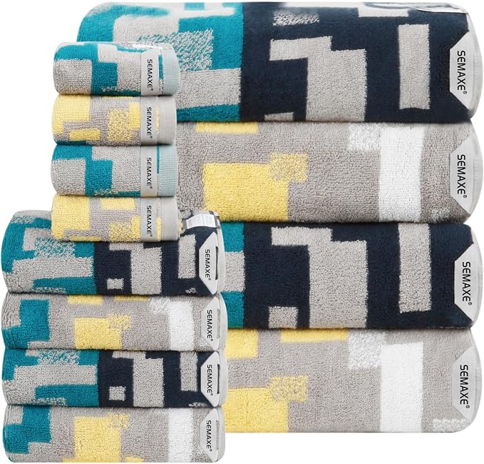 SEMAXE Bath Towel Set, 12 Piece Cotton Towel Set for Bathroom, More Towels for Family Use, Quick Dry with Hanging Loops, Easy Care, Geometric Pattern
