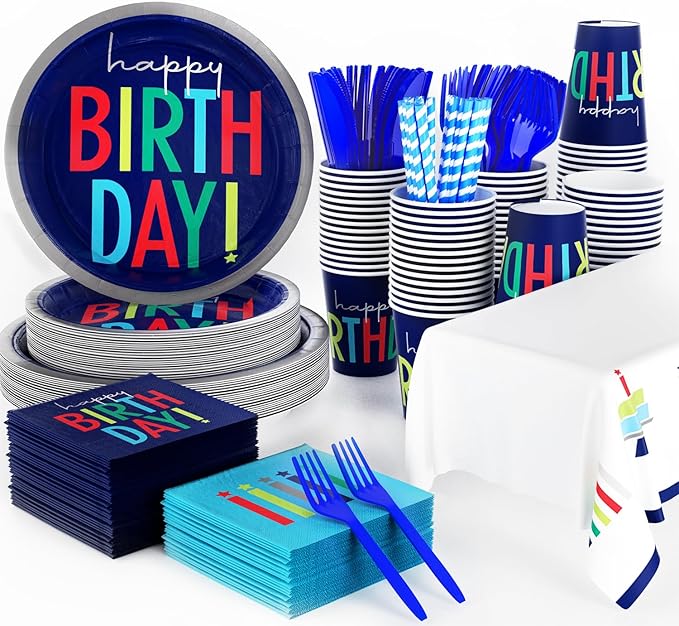 141pcs Dark Blue Happy Birthday Decoration Dark Blue Birthday Decorations Plates Napkins Forks Knives Straws Tablecloth Cups for Men Women Birthday Party Supplies,Suitable for 20 Guests