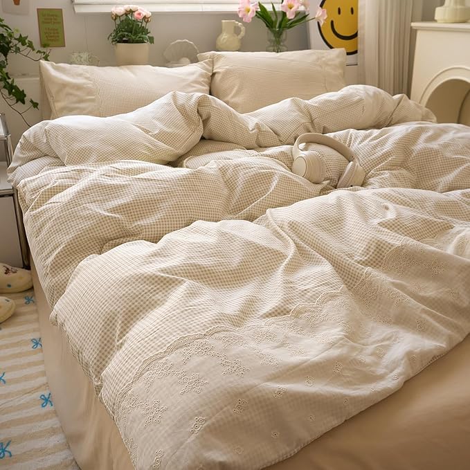 LifeTB Tan Gingham Duvet Cover Twin 3 Pieces Romantic Lace Duvet Cover Vintage Plaid Checkered Comforter Cover with 2 Pillowcases Soft Microfiber Beige Tan Grid Farmhouse Plaid Bedding Set
