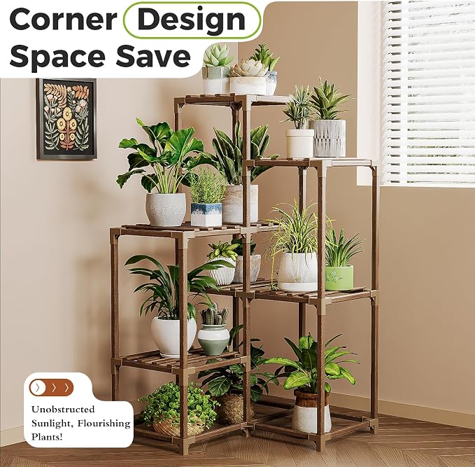 Bamworld Plant Stand Indoor Plant Shelf Outdoor Corner Wood Plant Table 7 Pots Flower Stands for Living Room Plant Rack Indoor for Multiple Plants Patio Balcony Garden Decor