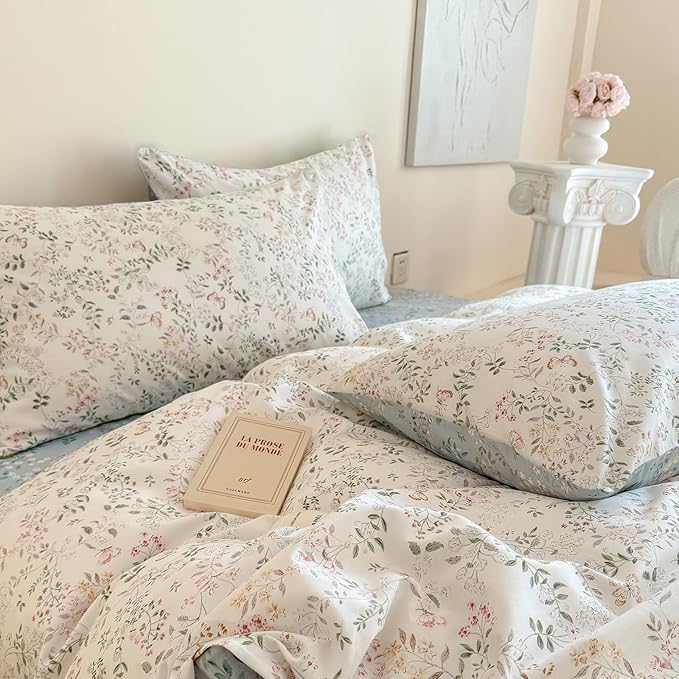 EAVD Garden Style Botanical Duvet Cover King Soft Cotton Chic Shabby Floral Leaves Pattern Bedding Set with 2 Pillowcases Fresh Vibrant Floral Duvet Cover with Zipper Closure