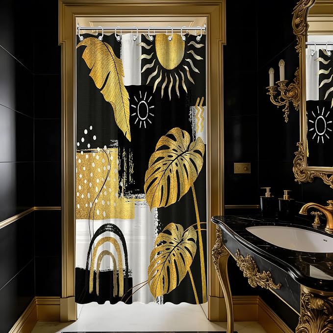 Small Stall Narrow Black and Gold Shower Curtain Boho Stand Up Abstract Dark Mens Shower Curtains for Rv Camper Bathroom Decor Sets, Waterproof Cloth Fabric with Hooks, 36 x 72 Inch