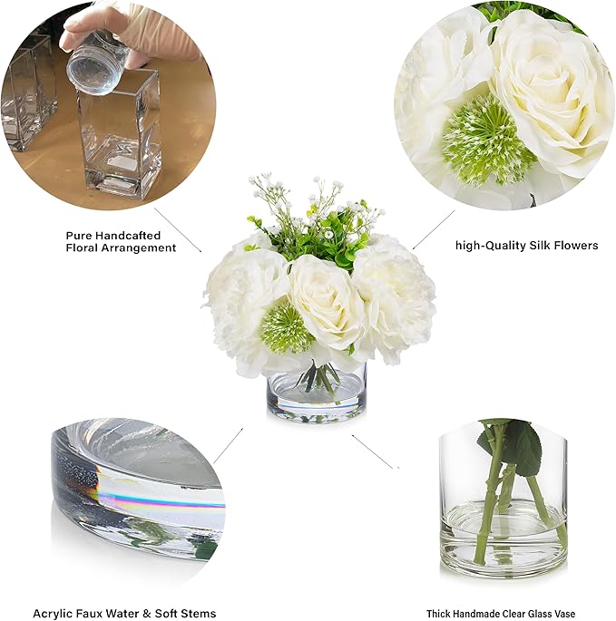 ENOVA FLORAL Artificial Rose Flowers in Vase, Mixed White Rose and Silk Peonies in Vase with Faux Water for Dining Table Centerpieces, Home Decor Indoor (FL-158-Cream)