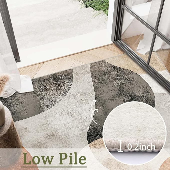 5x7 Boho Area Rug Brown Tan Beige Black White Bedroom Rug Soft Low Pile Thin Large Carpet Living Room Non Slip Dining Room Stain Resistant Office Washable Machine