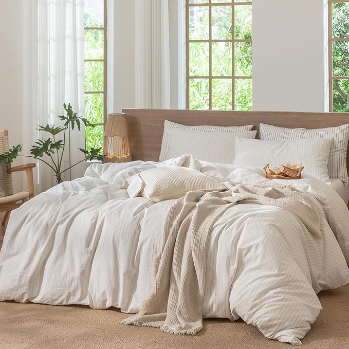 MooMee Striped Duvet Cover Set 100% Washed Cotton Linen Like Textured Breathable Durable Soft Comfy (White Almond Milk Grey Wide Stripes, Twin 68"x90")
