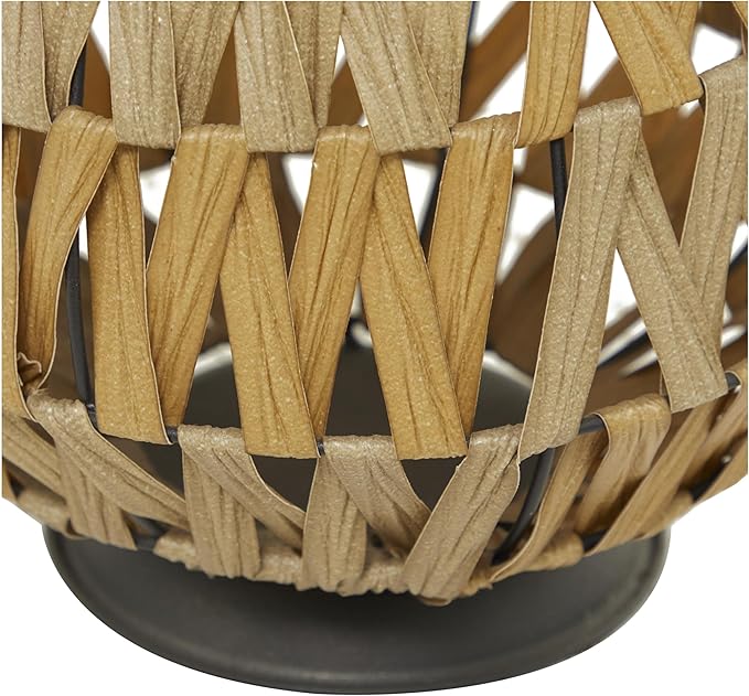 Deco 79 Plastic Rattan Handmade Decorative Candle Lantern with Wrapped Zig Zag Design, 11" x 11" x 19", Light Brown