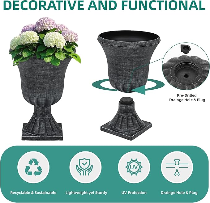 22" Large Urn Planters (Set of 2), Handmade Washed Black Plastic Flower Pots, Weatherproof for Porch, Garden, Patio or Home Décor