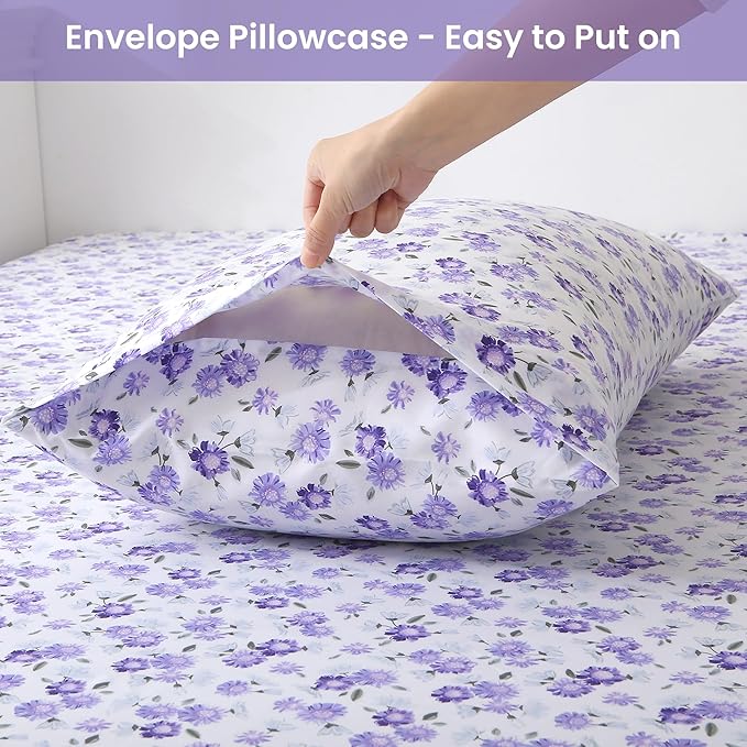 Softan Puple Floral King Sheet Set, 4-Piece Microfiber Printed Fitted Sheet with 15" Deep Pockets & Non-Slip Straps, White Flower Patterned Bedding Sheets & Pillowcase Set