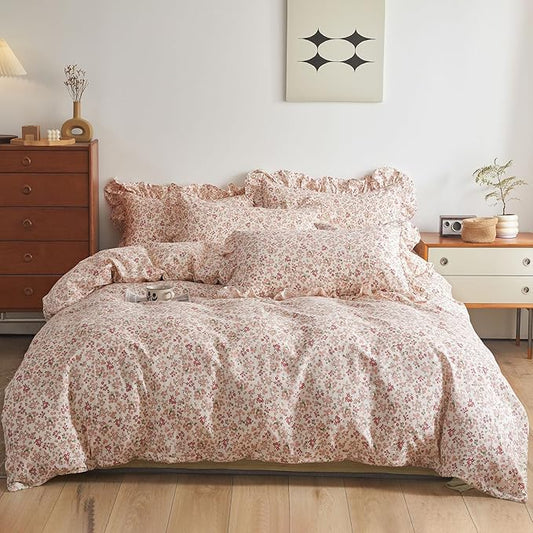 Vintage Floral Duvet Cover King 100% Cotton Pink Flower Duvet Cover with 2 Ruffle Pillowcases Girls Boho Lace Floral Bedding Set Aesthetic Garden Style Botanical Comforter Cover King with Zipper Ties