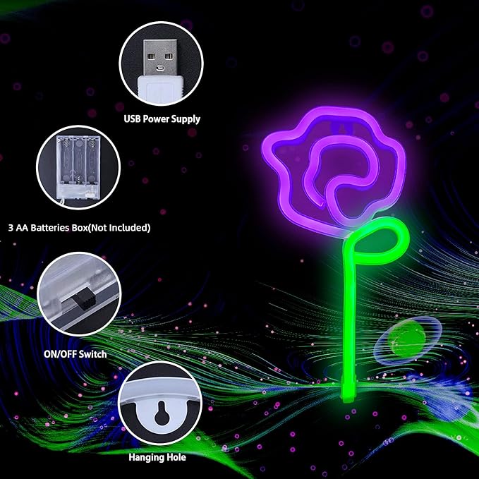 ENUOLI LED Neon Pink Rose Flower with Green Stem Wall Sign for Cool Light, Wall Art, Bedroom Decorations, Home Accessories, Party, and Holiday Decor Valentine's Day Present(Purple Rose)