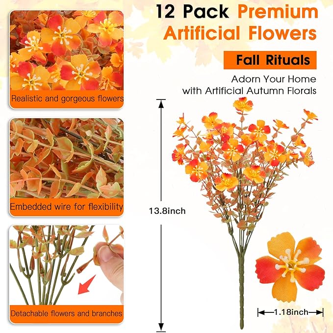 12 Bundles UV Resistant Fake Mums, Fall Flowers Artificial for Decoration, Fake Plants Autumn Silk Flowers for Thanksgiving Fall Decor Halloween Outdoor Patio Table Centerpiece Porch Wedding Garden