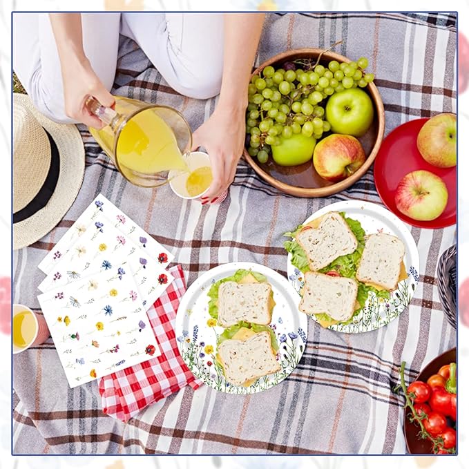 T-Antrix 40 Pcs Wildflower Plates And Napkins Party Supplies, Disposable Floral Wildflower Tableware Set for Spring Summer Picnic Wedding Birthday Tea Party Decoration Baby Shower Serves 20