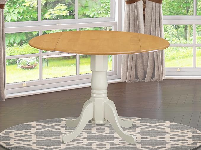East West Furniture DLT-OLW-TP Dublin Modern Kitchen Table - a Round Dining Table Top with Dropleaf & Pedestal Base, 42x42 Inch, Oak & Linen White