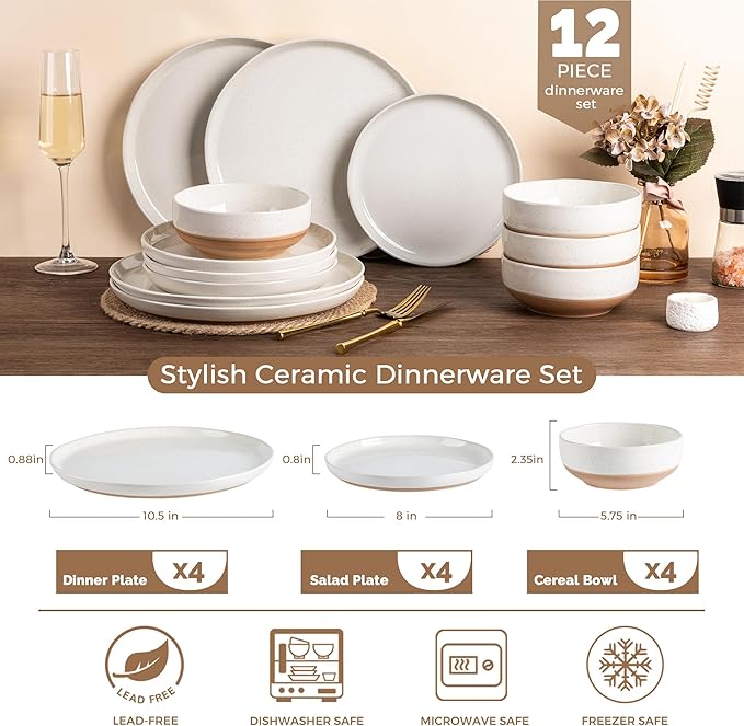 AmorArc Ceramic Dinnerware Sets, Handpainted Plates and Bowls Set with Rustic Terracotta Underside, Scratch Resistant Stoneware Dishes Set, Dishwasher & Microwave Safe