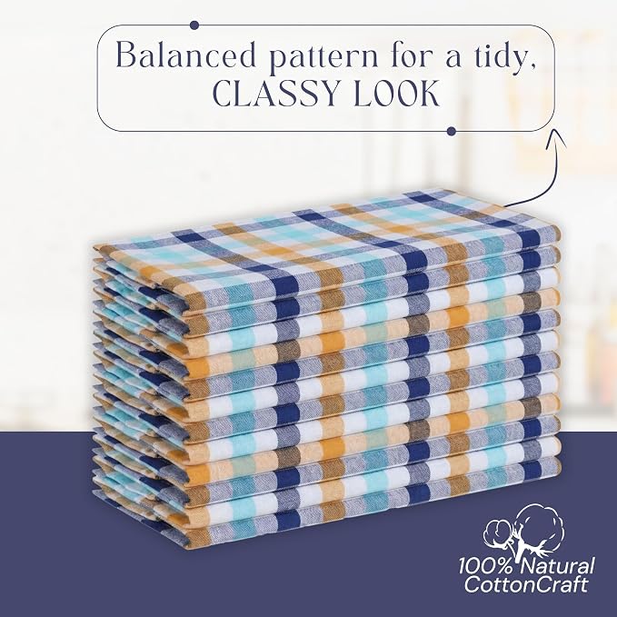 Check Dish Towels 4 Pack, 18"x26", Absorbent Hand Towels for Kitchen Use, Quick Dry Cloths, Durable Washable Rags, Reusable Dishcloth Set - Indigo Blue, Mustard Yellow, Aqua Blue