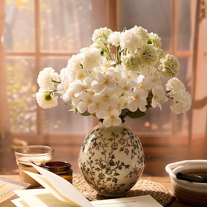 Green and Beige Antique Vase, 5.83 Inch Vintage Chinoiserie Floral Vase, Rustic Ceramic Vase for Home Decor, Living Room, Bookshelf, Office, Entryway, Garden, Chinoiserie Decor, Tuscan Decor