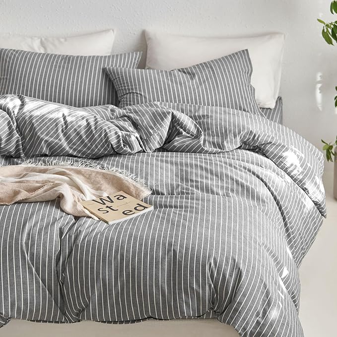 MooMee Striped Duvet Cover Set 100% Washed Cotton Linen Like Textured Breathable Durable Soft Comfy (Dark Grey White Wide Stripes, Oversized Queen 98"x98")