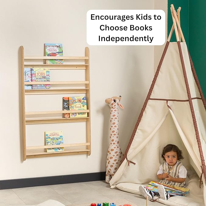 Montessori Wall-Mounted Bookshelf for Toddlers Toy Storage Shelf Organizer for Playroom and Classroom Floor Bookshelves for Kids Room (Natural, XL, 4)